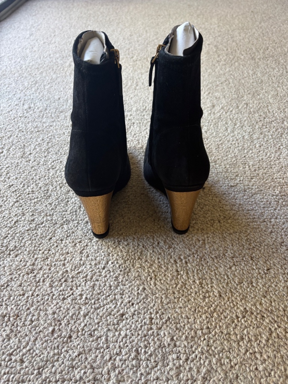 Tory Burch Patos Wedge Boots 10.5 NIB Black Suede Gold Heel Designer Luxury - Picture 4 of 12